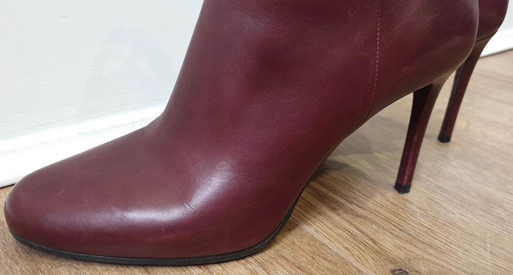 PRADA Burgundy Leather Round Toe Zip Fastened Stiletto Heel Ankle Boots 39 UK6