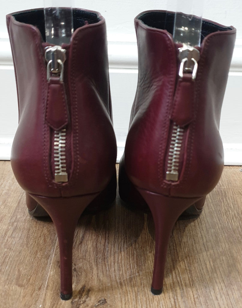 PRADA Burgundy Leather Round Toe Zip Fastened Stiletto Heel Ankle Boots 39 UK6