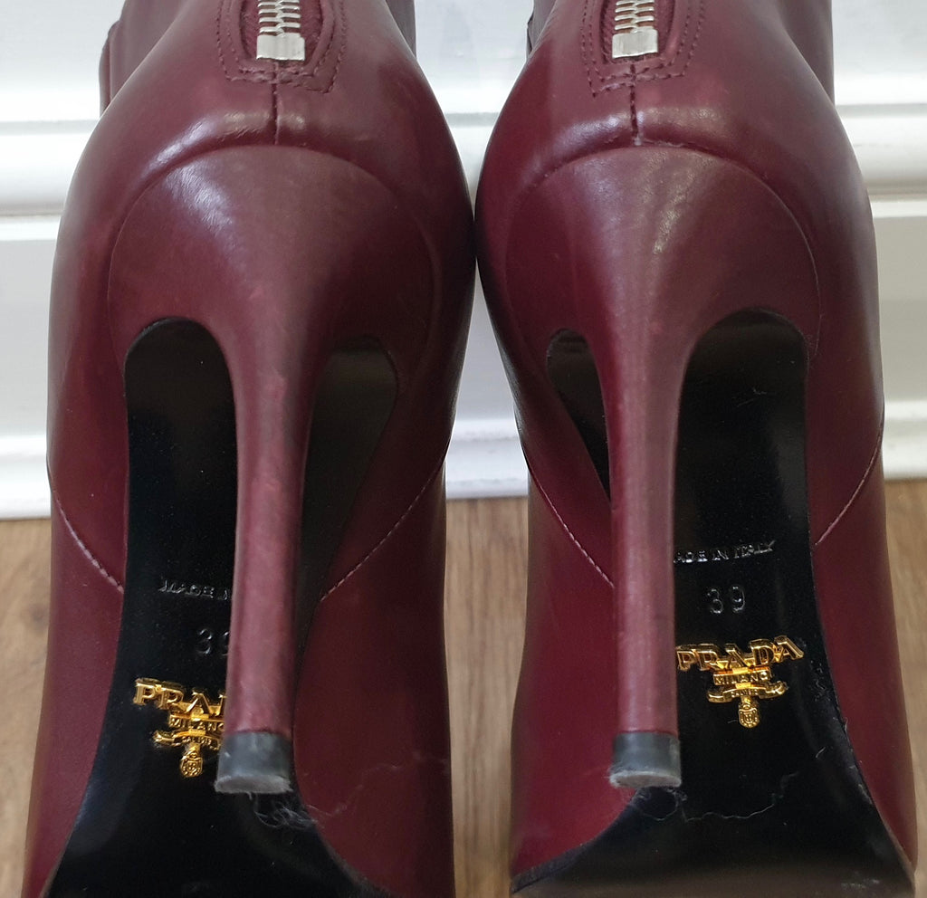 PRADA Burgundy Leather Round Toe Zip Fastened Stiletto Heel Ankle Boots 39 UK6