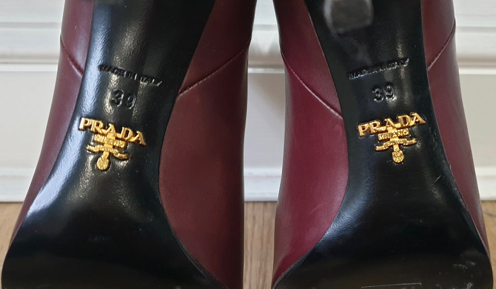 PRADA Burgundy Leather Round Toe Zip Fastened Stiletto Heel Ankle Boots 39 UK6