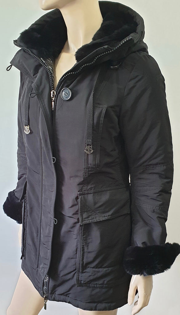 MONCLER Black Hooded Rabbit Fur Trim Quilted Puffer Winter Jacket Sz:2 UK12