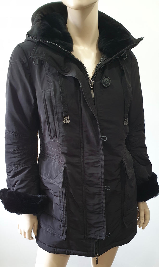 MONCLER Black Hooded Rabbit Fur Trim Quilted Puffer Winter Jacket Sz:2 UK12
