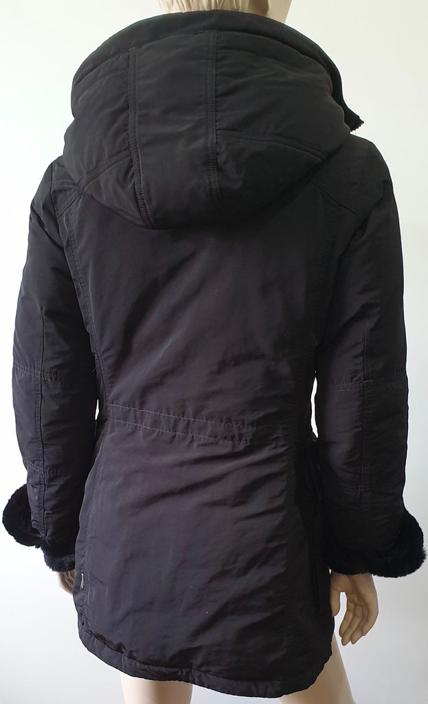 MONCLER Black Hooded Rabbit Fur Trim Quilted Puffer Winter Jacket Sz:2 UK12