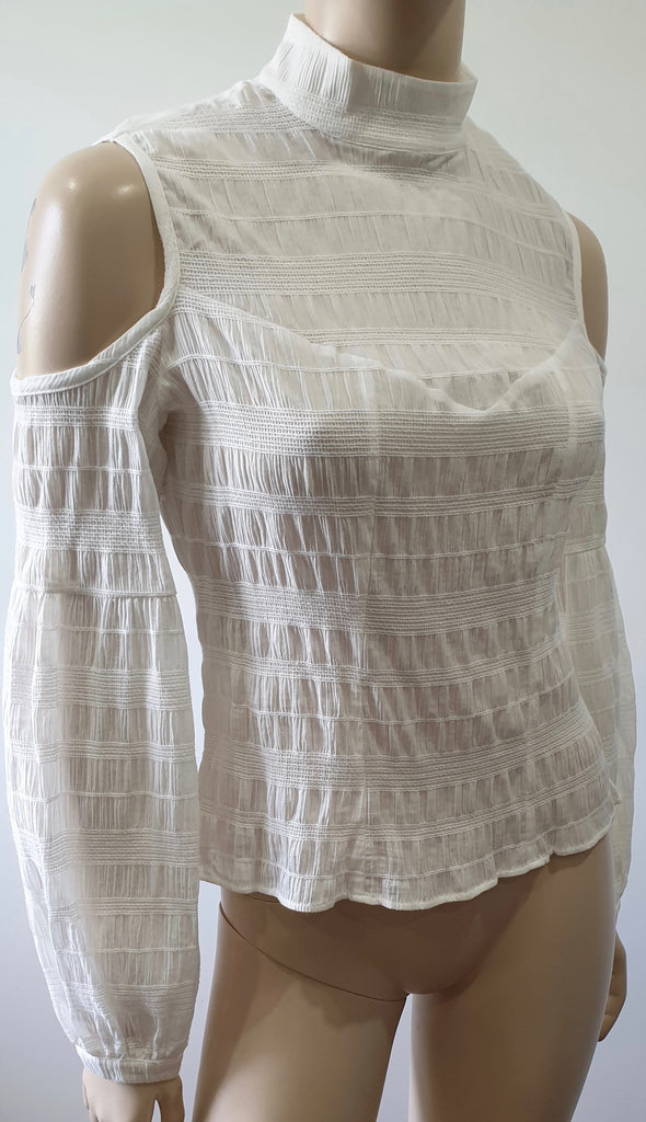 DONNA IDA Winter White Cotton High Neck Pleated Crinkle Fabric Fitted Blouse Top
