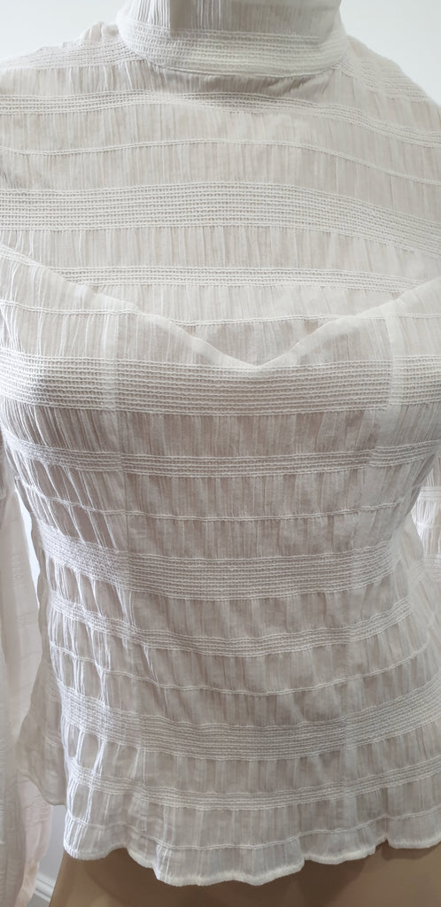 DONNA IDA Winter White Cotton High Neck Pleated Crinkle Fabric Fitted Blouse Top