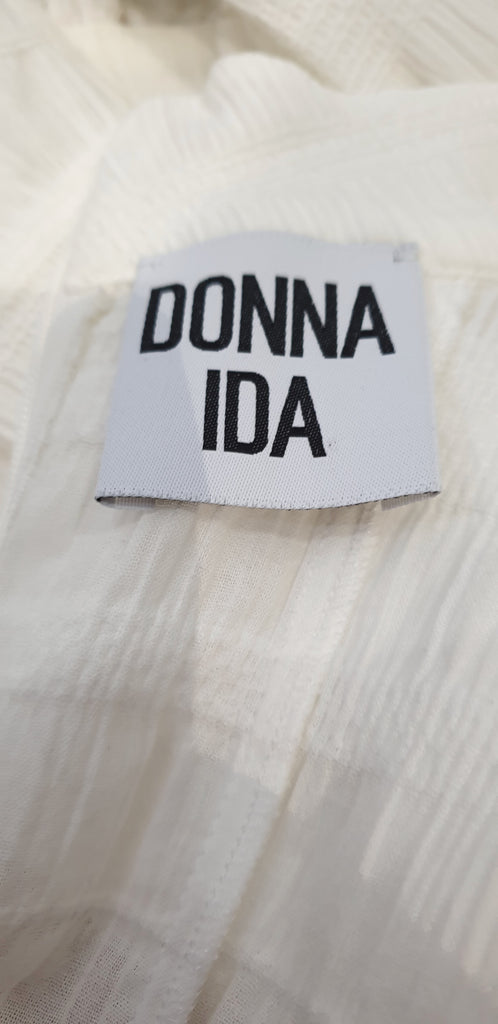 DONNA IDA Winter White Cotton High Neck Pleated Crinkle Fabric Fitted Blouse Top