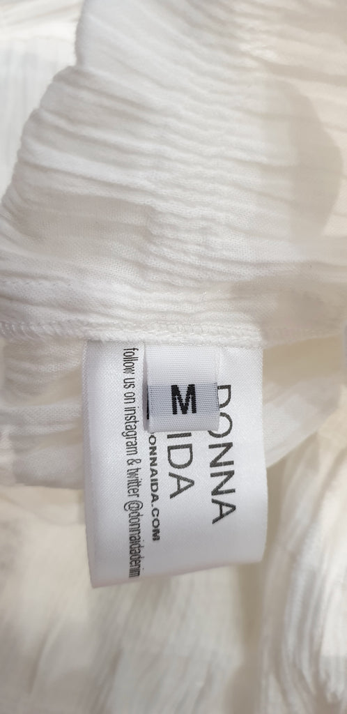 DONNA IDA Winter White Cotton High Neck Pleated Crinkle Fabric Fitted Blouse Top