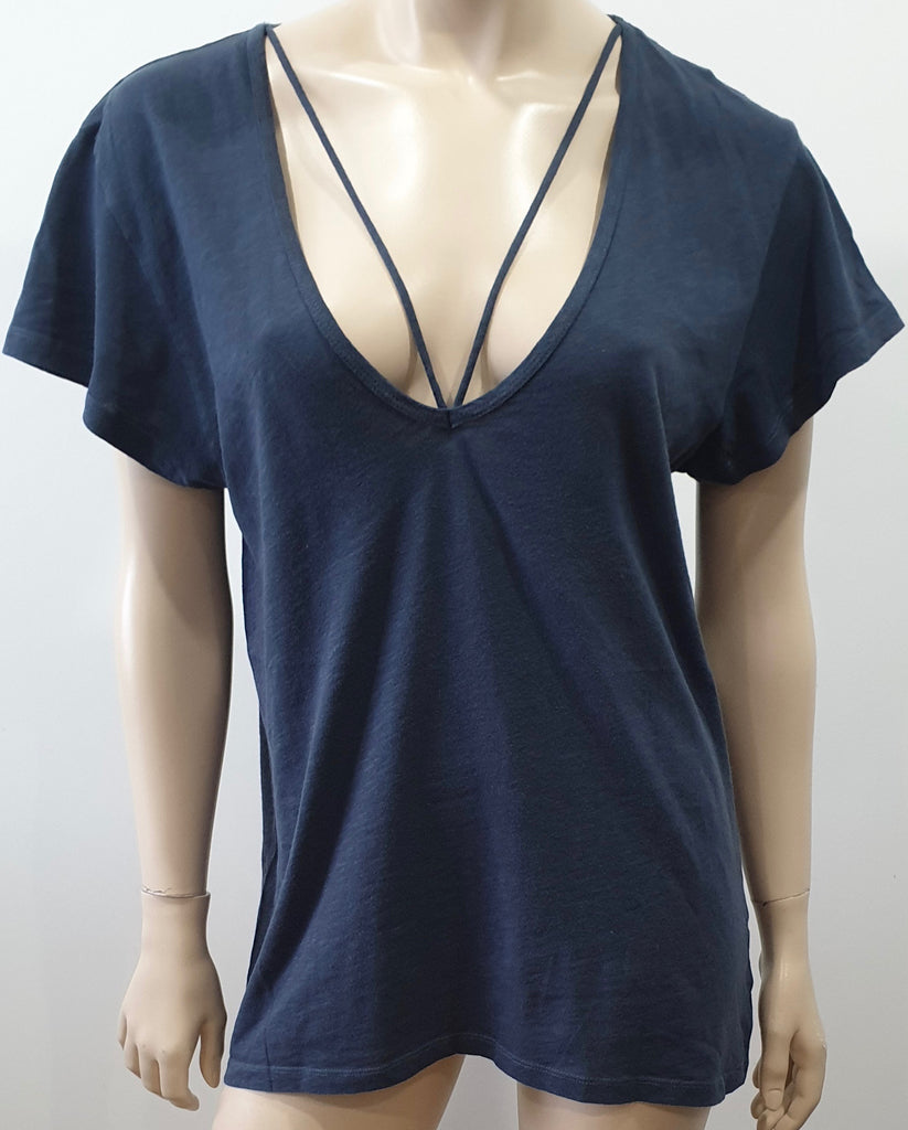 LNA Blue Cotton Cut Out V Neckline Short Length Sleeve T-Shirt Tee Top L