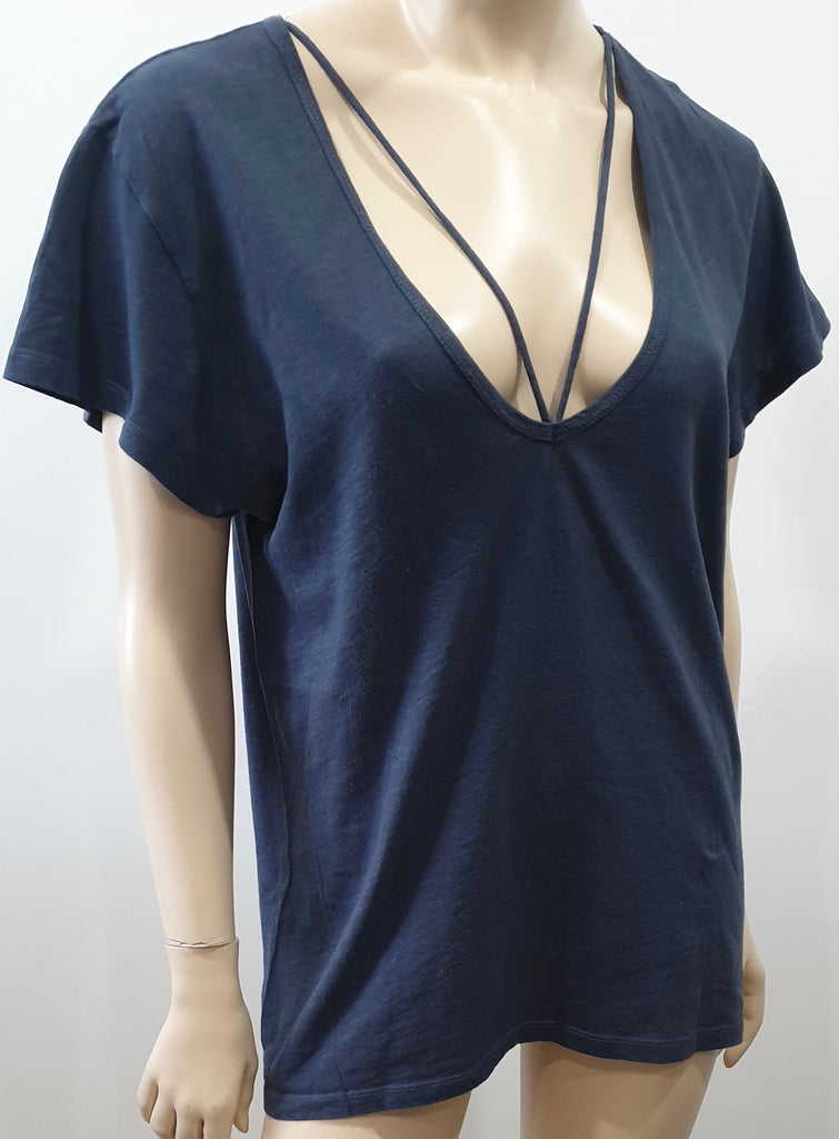 LNA Blue Cotton Cut Out V Neckline Short Length Sleeve T-Shirt Tee Top L
