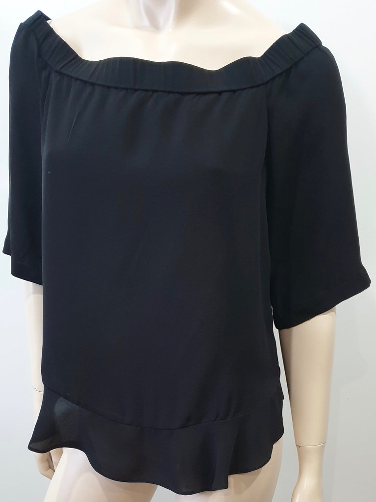 REBECCA TAYLOR Black Silk Elasticated Neck Short Sleeve Lined Blouse Top UK12