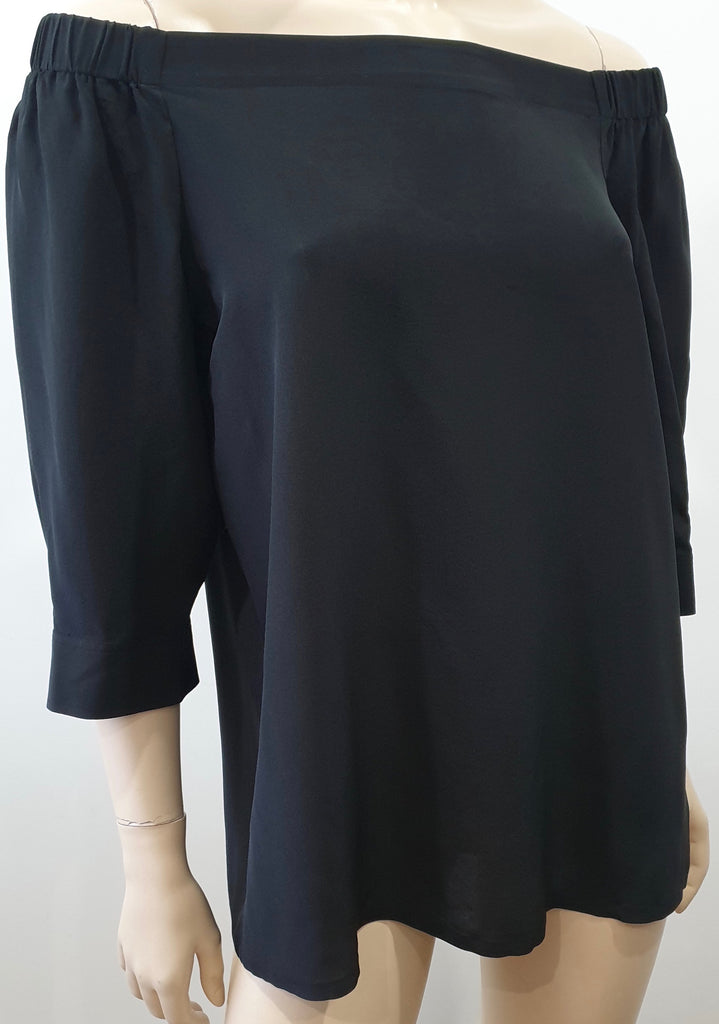 THEORY Black Silk Elasticated Wide Neck Off Shoulder 3/4 Sleeve Blouse Tunic Top