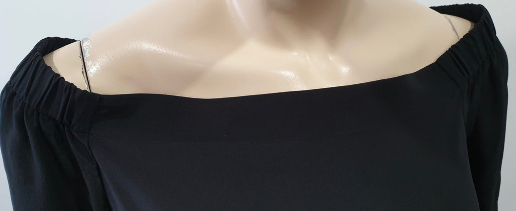 THEORY Black Silk Elasticated Wide Neck Off Shoulder 3/4 Sleeve Blouse Tunic Top