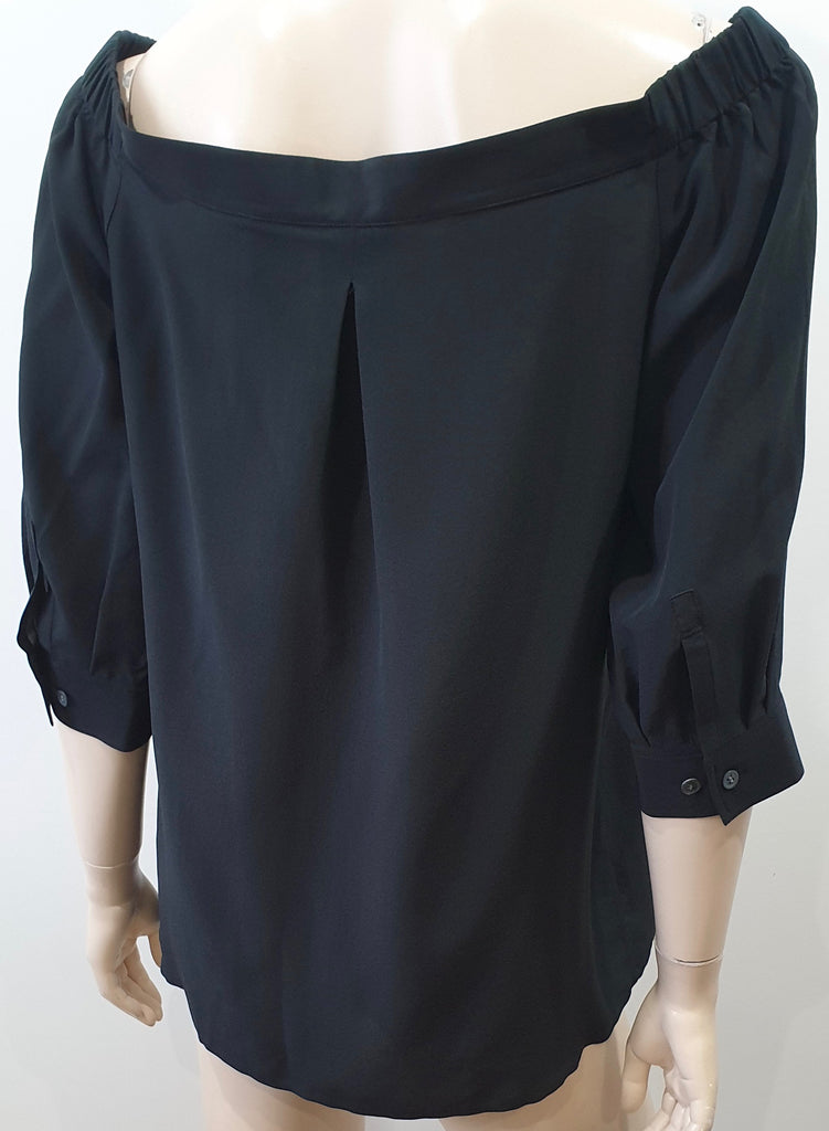 THEORY Black Silk Elasticated Wide Neck Off Shoulder 3/4 Sleeve Blouse Tunic Top