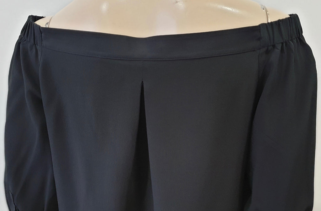 THEORY Black Silk Elasticated Wide Neck Off Shoulder 3/4 Sleeve Blouse Tunic Top
