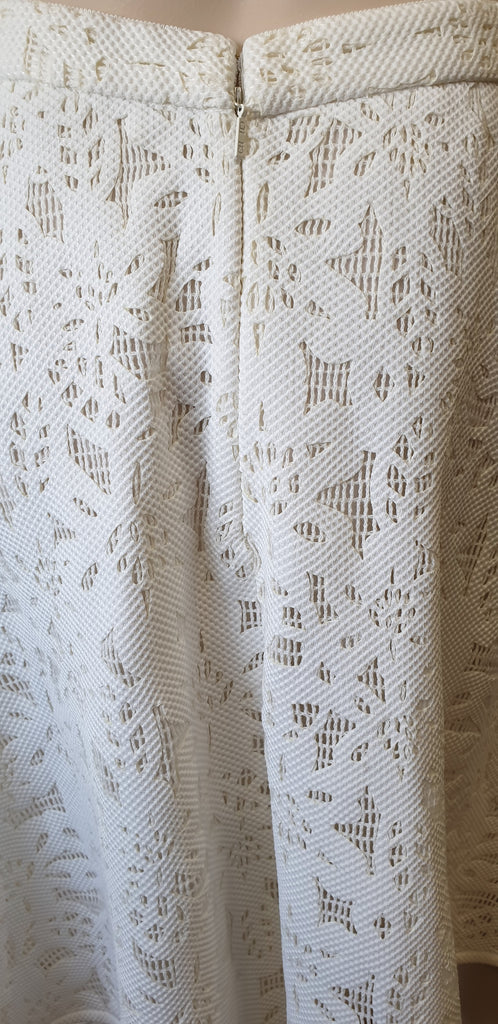 CAROLINA HERRERA White & Cream Cut Out Lined A-Line Flared Skirt 6 UK10