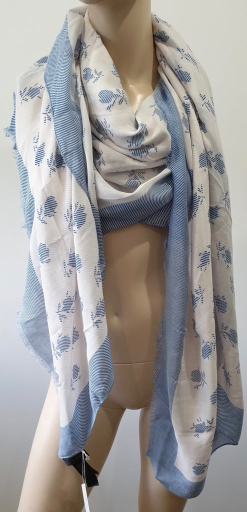 COACH Blue & White Modal BADLAND Floral Print Fray Edge Large Shawl Scarf BNWT