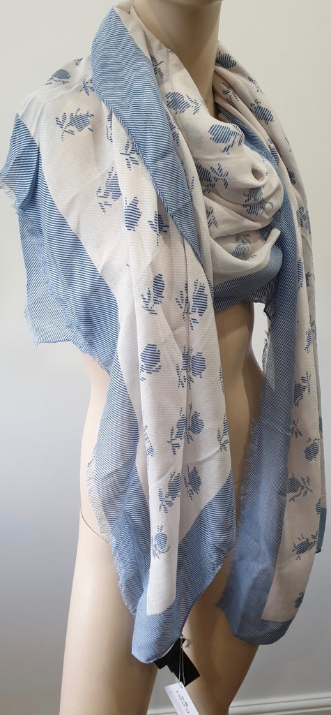 COACH Blue & White Modal BADLAND Floral Print Fray Edge Large Shawl Scarf BNWT