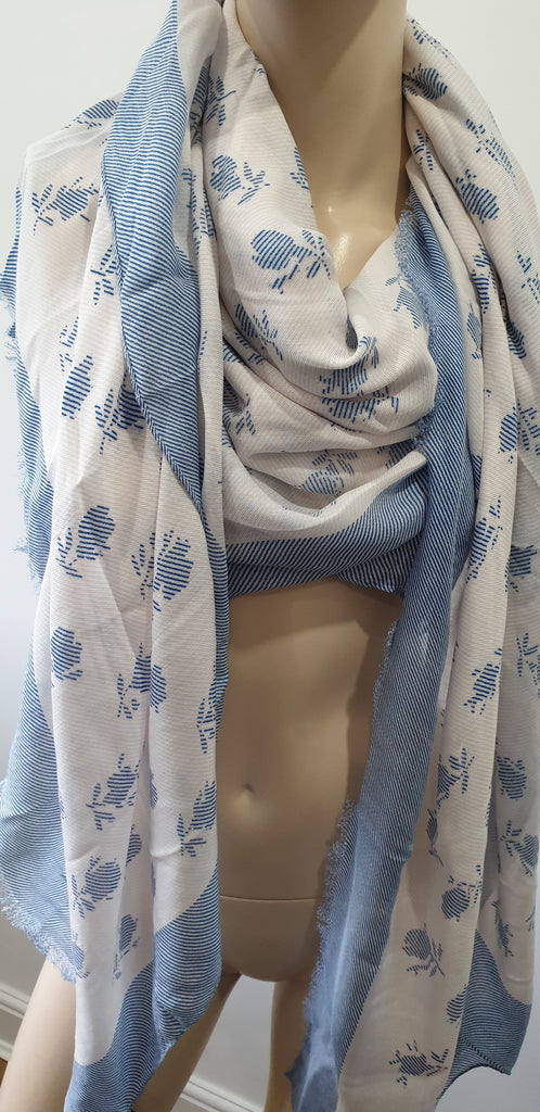 COACH Blue & White Modal BADLAND Floral Print Fray Edge Large Shawl Scarf BNWT