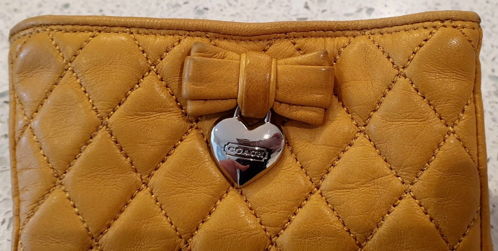 COACH Yellow Leather Quilted Bow & Silver Tone Branded Merino Wool Lined Gloves