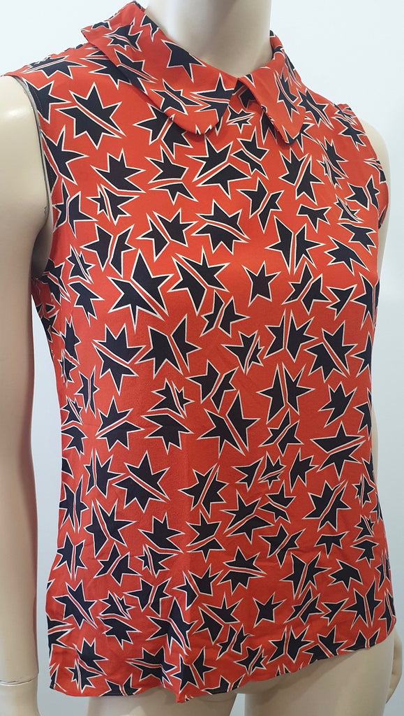 MIU MIU Navy Blue Orange Red Silk Star Print Collar Sleeveless Blouse Shirt 42
