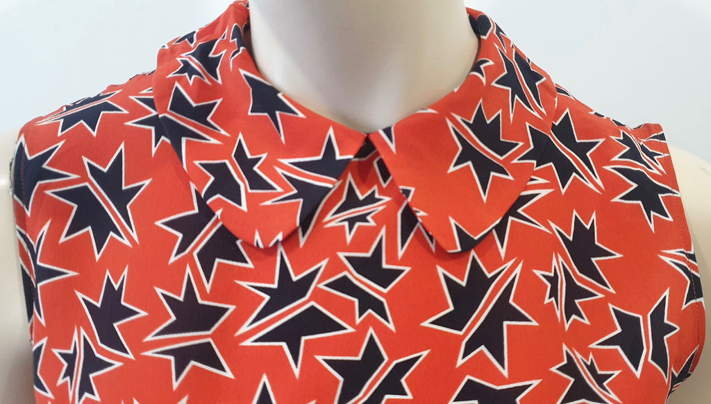MIU MIU Navy Blue Orange Red Silk Star Print Collar Sleeveless Blouse Shirt 42