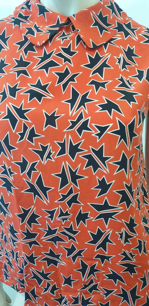 MIU MIU Navy Blue Orange Red Silk Star Print Collar Sleeveless Blouse Shirt 42