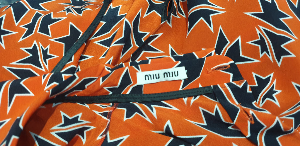 MIU MIU Navy Blue Orange Red Silk Star Print Collar Sleeveless Blouse Shirt 42
