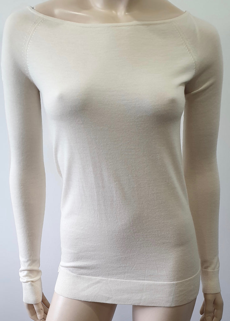 THEORY Cream Merino Wool Fine Knit Scoop Neck Long Sleeve Jumper Sweater Top P