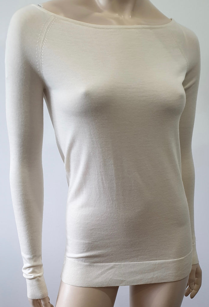 THEORY Cream Merino Wool Fine Knit Scoop Neck Long Sleeve Jumper Sweater Top P