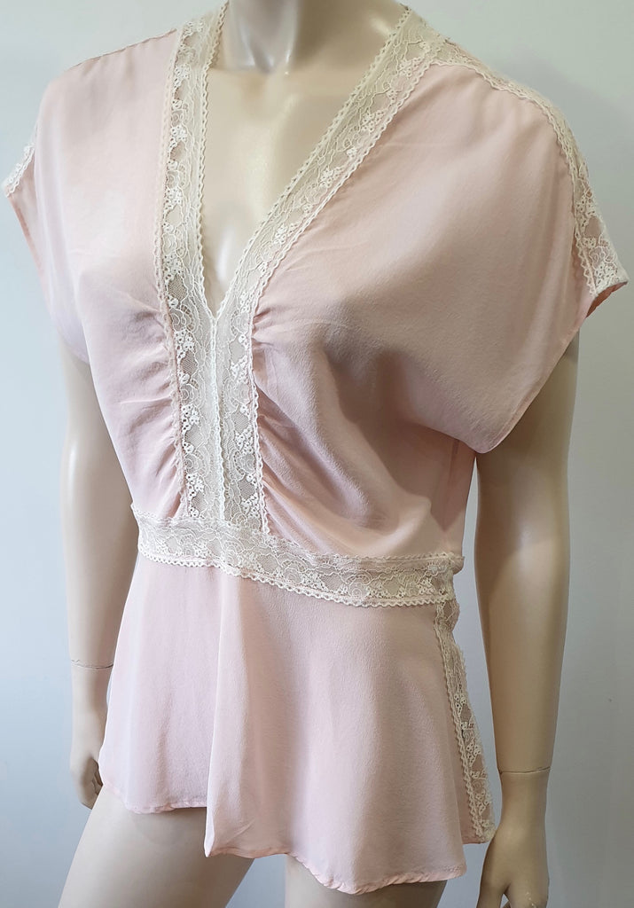 PAUL & JOE PARIS Pale Pink Silk Plunge V Neck Lace Insert Cami Blouse Top 1 UK8