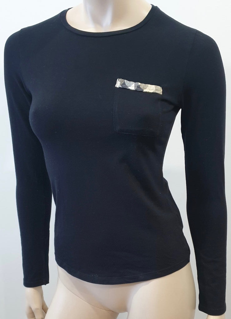BURBERRY Childrens Black Cotton Beige Check Trim Long Sleeve T-Shirt Tee Top 14Y