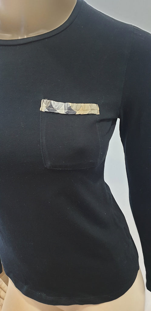 BURBERRY Childrens Black Cotton Beige Check Trim Long Sleeve T-Shirt Tee Top 14Y