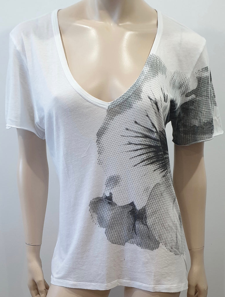 JOSEPH White Grey Cotton Floral Print V Neck Short Sleeve T-Shirt Tee Top L