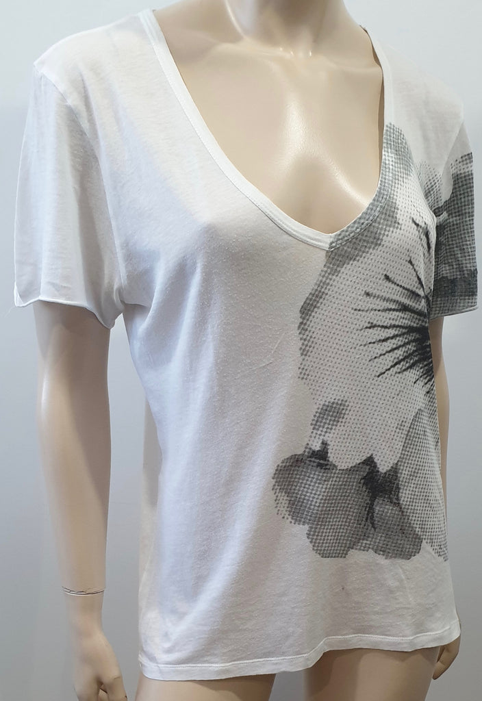 JOSEPH White Grey Cotton Floral Print V Neck Short Sleeve T-Shirt Tee Top L