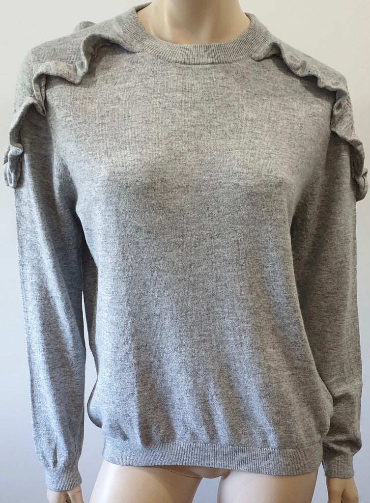 JEFF KNITWEAR Grey Cotton Cashmere Blend Ruffle Trim Jumper Sweater Top UK12