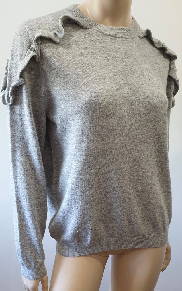 JEFF KNITWEAR Grey Cotton Cashmere Blend Ruffle Trim Jumper Sweater Top UK12