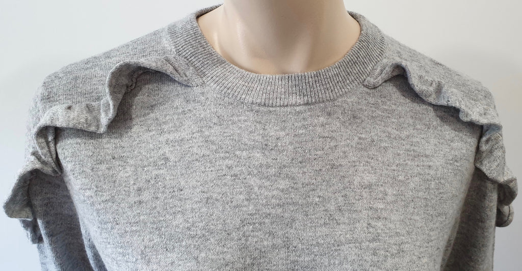 JEFF KNITWEAR Grey Cotton Cashmere Blend Ruffle Trim Jumper Sweater Top UK12