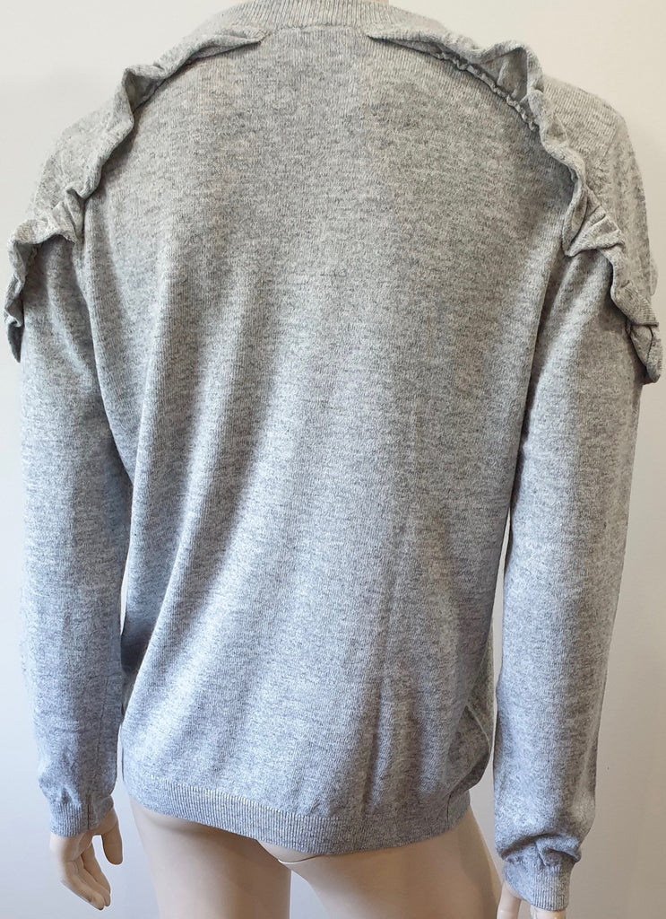 JEFF KNITWEAR Grey Cotton Cashmere Blend Ruffle Trim Jumper Sweater Top UK12