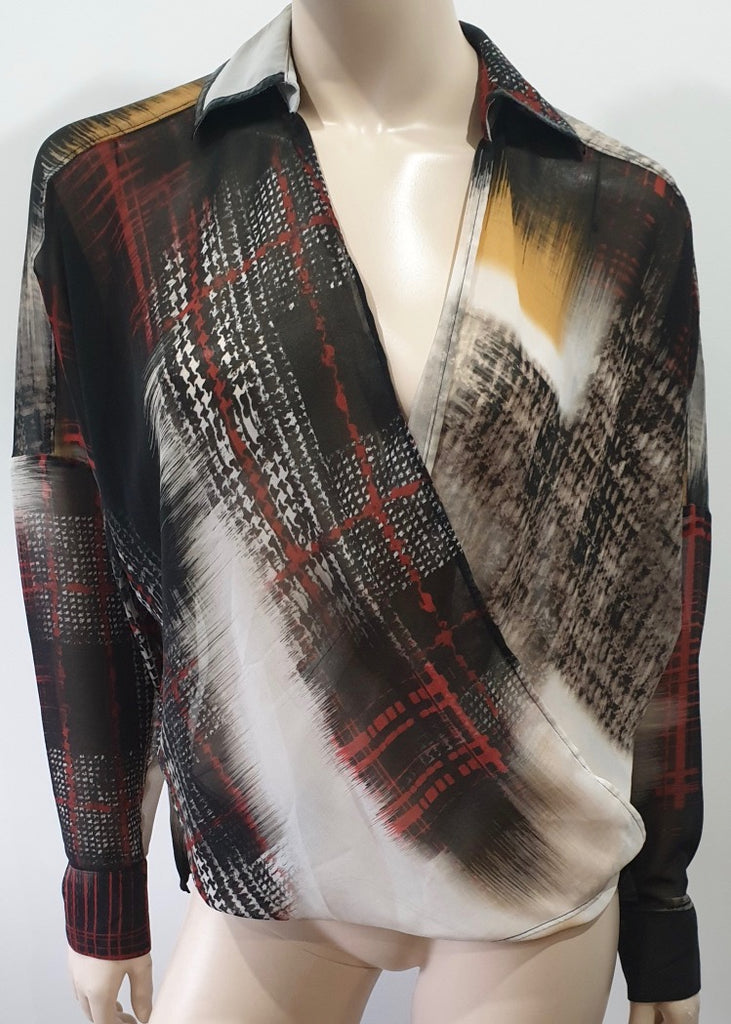 PINKO Multi Colour Abstract Print Sheer Crossover Long Sleeve Blouse Shirt Top