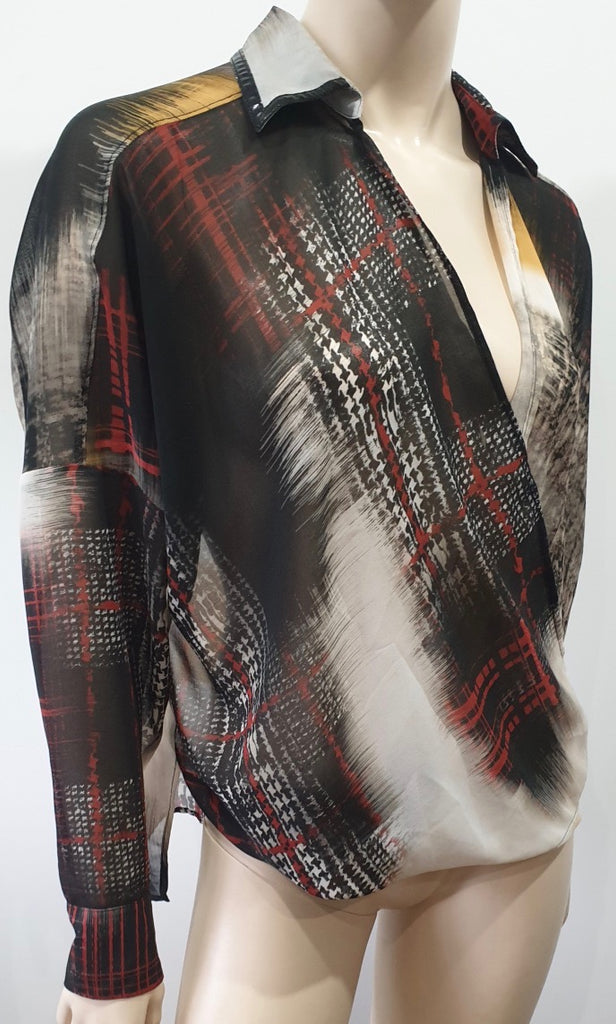 PINKO Multi Colour Abstract Print Sheer Crossover Long Sleeve Blouse Shirt Top