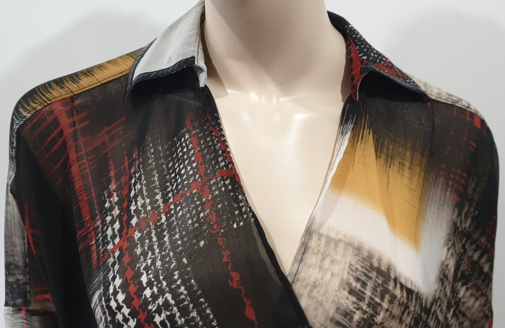 PINKO Multi Colour Abstract Print Sheer Crossover Long Sleeve Blouse Shirt Top