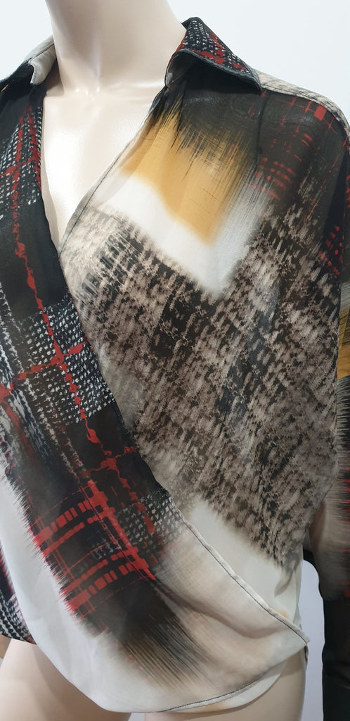 PINKO Multi Colour Abstract Print Sheer Crossover Long Sleeve Blouse Shirt Top