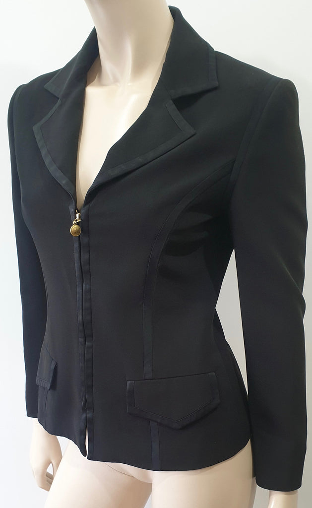 GUCCI Black Silk Blend Collared Gold Tone GG Zip Front Blazer Jacket Top I40 UK8