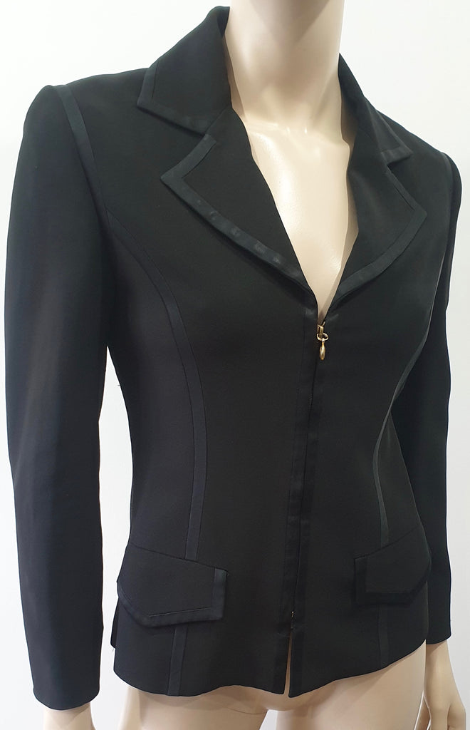 GUCCI Black Silk Blend Collared Gold Tone GG Zip Front Blazer Jacket Top I40 UK8