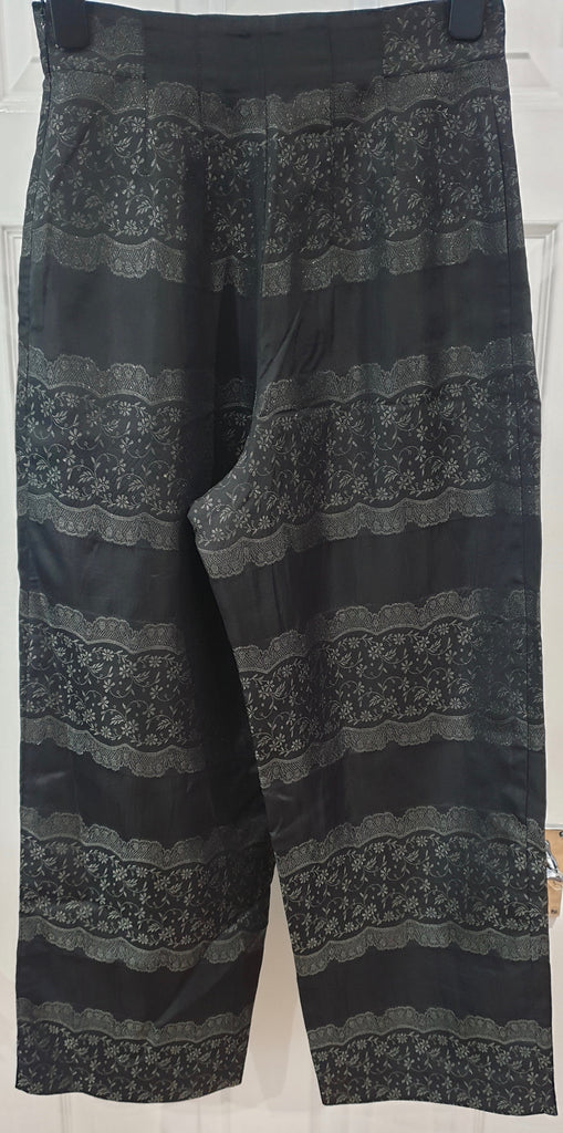 GANNI Charcoal Grey Silver Metallic Floral Stitch Wide Crop Trousers Pants NEW!