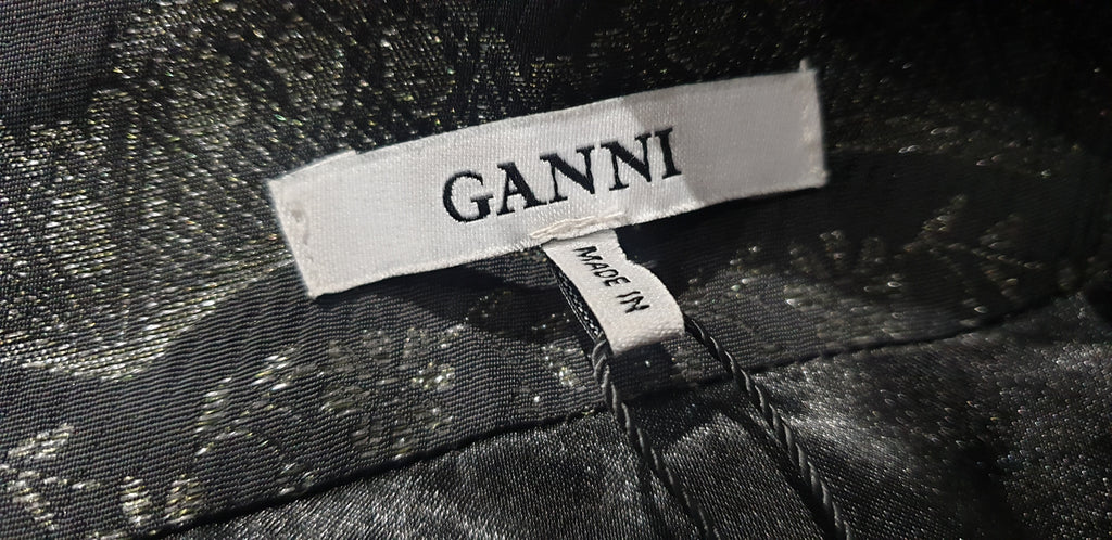 GANNI Charcoal Grey Silver Metallic Floral Stitch Wide Crop Trousers Pants NEW!