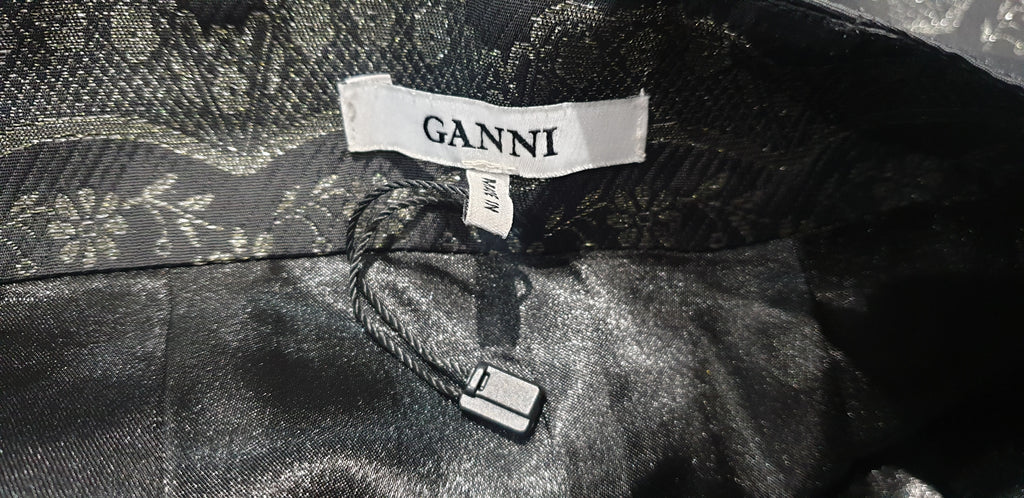 GANNI Charcoal Grey Silver Metallic Floral Stitch Wide Crop Trousers Pants NEW!