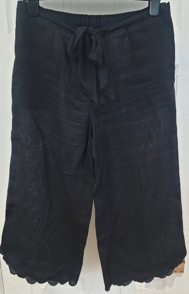NICOLE FARHI Black Linen Silk Elastic Drawstring Waist Crop Capri Trousers Pants