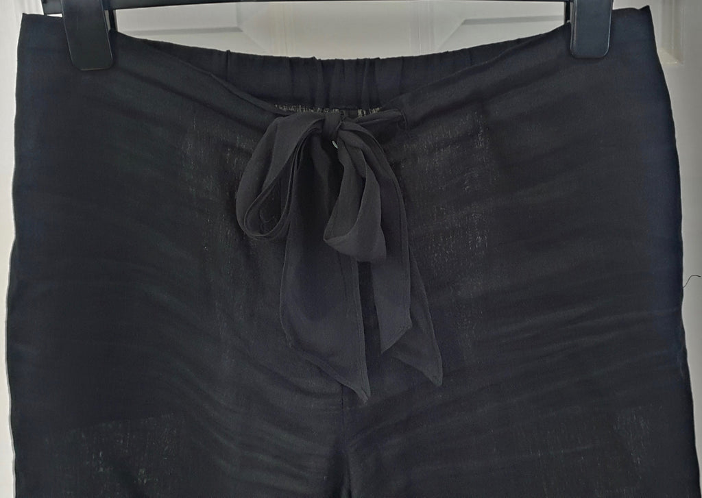 NICOLE FARHI Black Linen Silk Elastic Drawstring Waist Crop Capri Trousers Pants