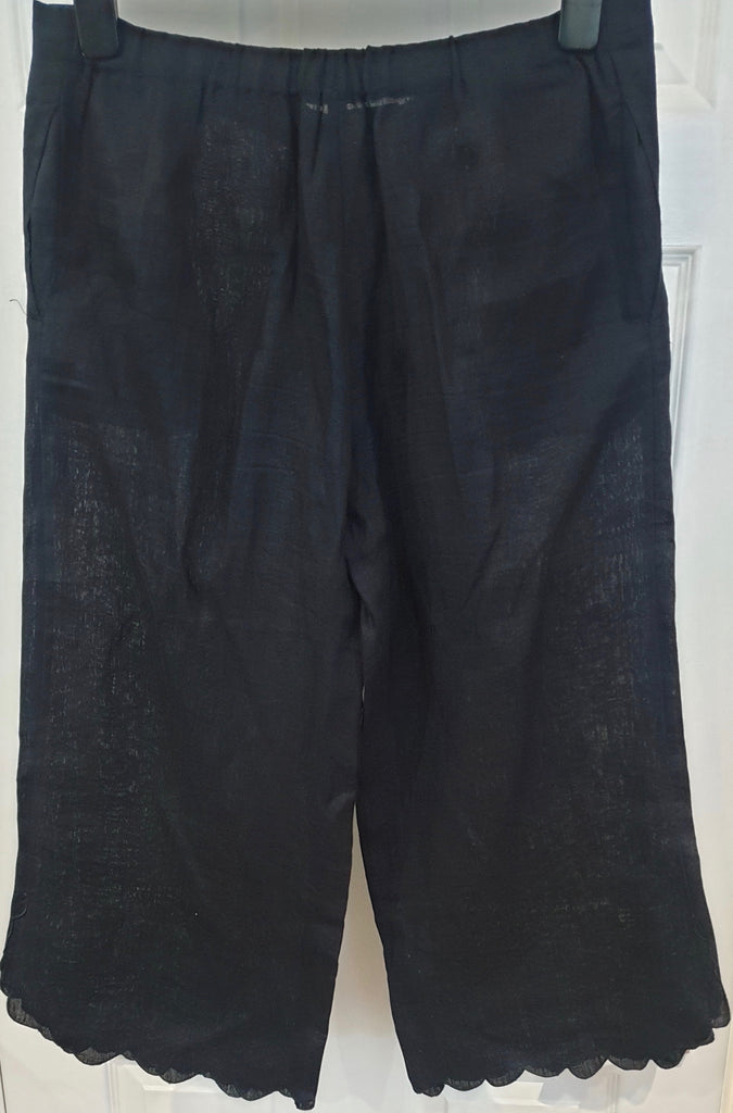 NICOLE FARHI Black Linen Silk Elastic Drawstring Waist Crop Capri Trousers Pants
